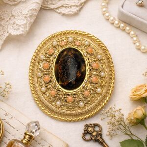 Vintage Amber Rhinestone and Beaded Statement Brooch Pendant